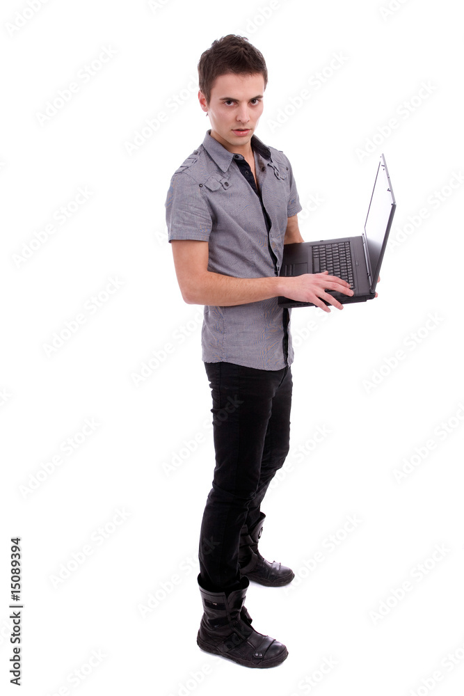 Young boy presenting new laptop Young boy presenting new laptop