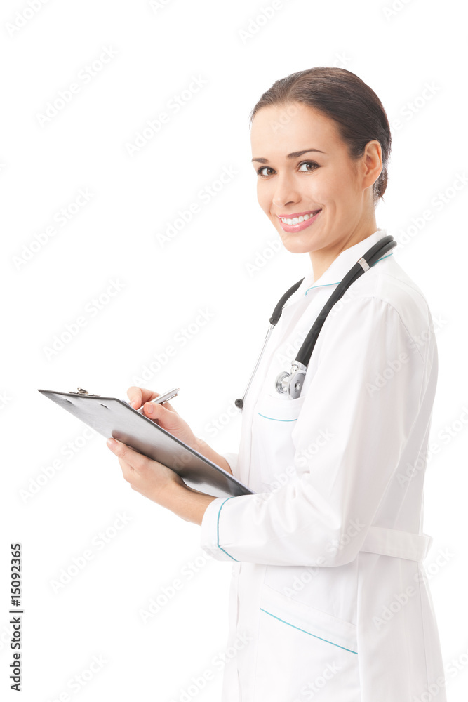 Happy doctor writing on clipboard, isolated on white Happy doctor writing on clipboard, isolated on white