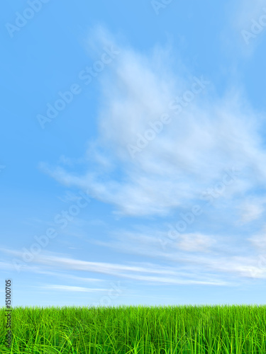 high resolution 3d green grass over blue sky with clouds