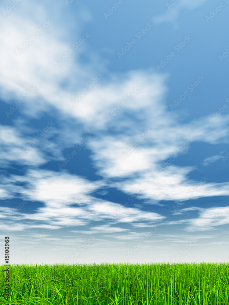 high resolution 3d green grass over a blue sky with white clouds