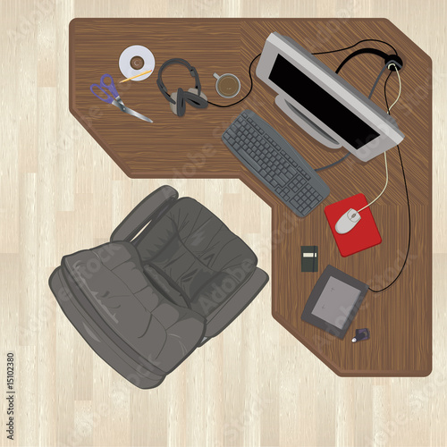 Aerial view of a messy desk