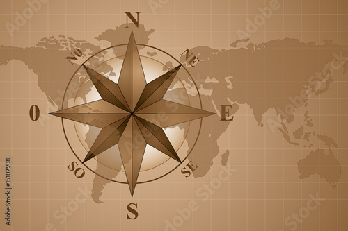 Map world with compass rose, vintage style