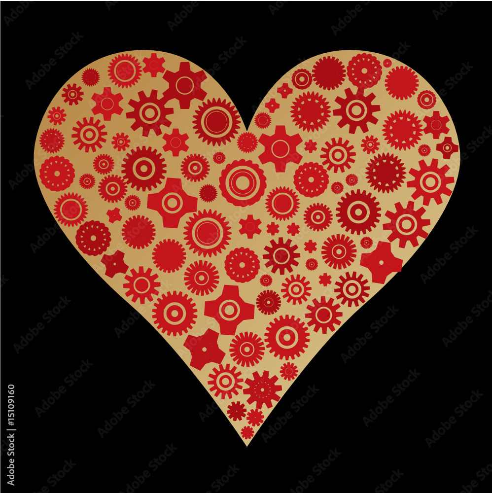 Heart made with different cogwheels over black