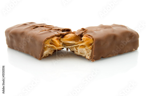 Chocolate bar isolated on white with caramel