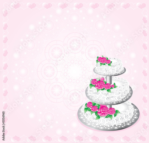 festive white cake on three tiers decorated rose
