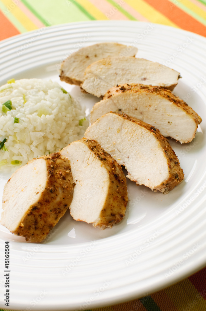 Roasted chicken meat with white rice and vegetables Roasted chicken meat with white rice and vegetables
