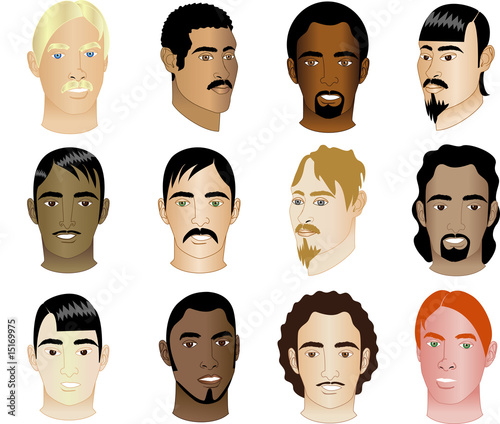 Twelve Men's Faces of different races and cultural backgrounds.