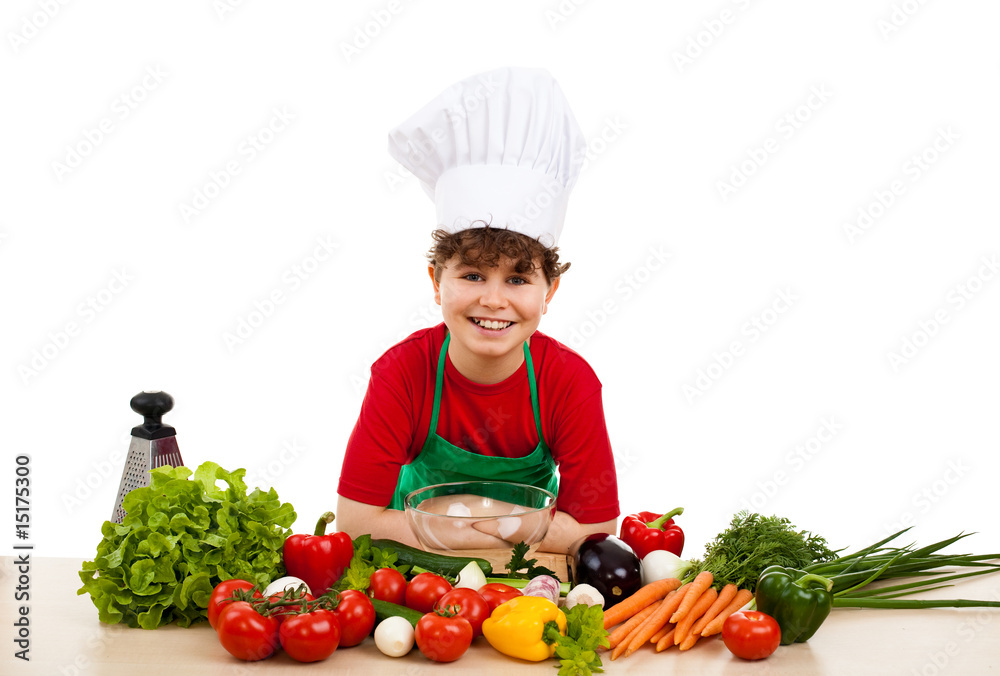 Healthy eating - boy and fresh vegetables isolated on white Healthy eating - boy and fresh vegetables isolated on white