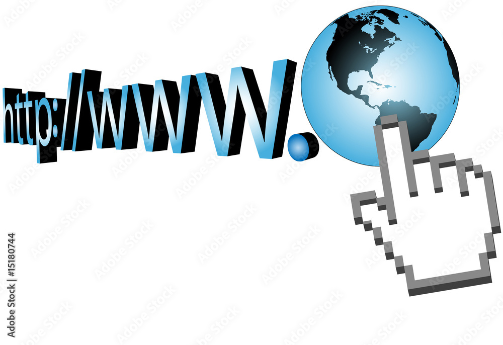 Cursor hand click on world wide web 3D URL Cursor hand click on world wide web 3D URL