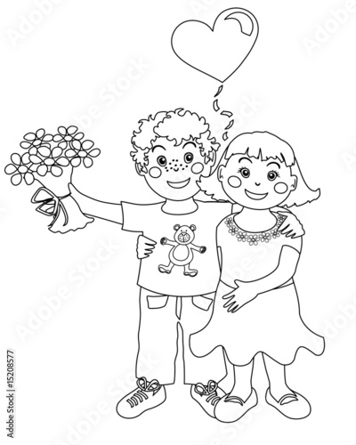 Bimbi abbracciati - Immagine in bianco e nero da colorare