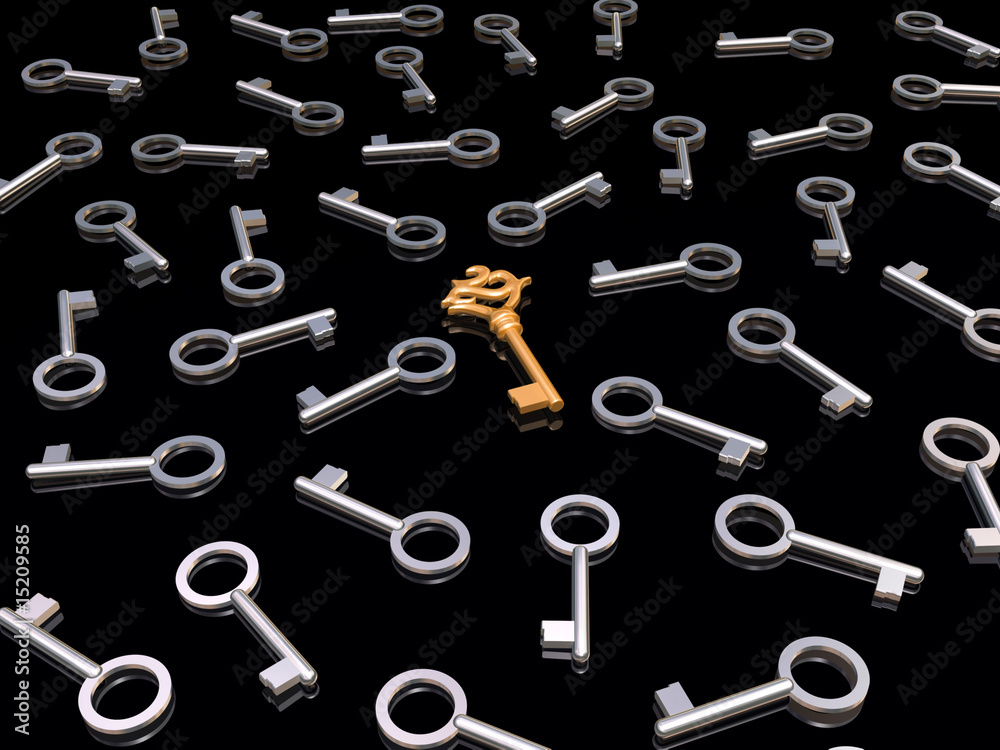 Keys, one golden among metal ones on black. Keys, one golden among metal ones on black.