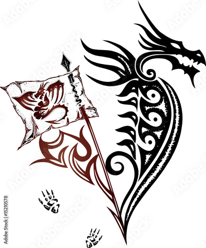 Drache, dragon, mit Lanze, Fahne