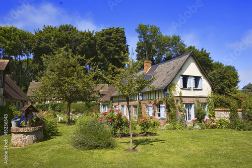 france,normandie,veules-les-roses : maison à colombages, jardin