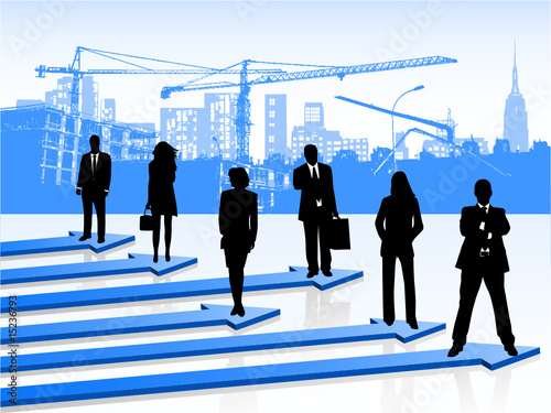 Illustration of people, arrows and buildings