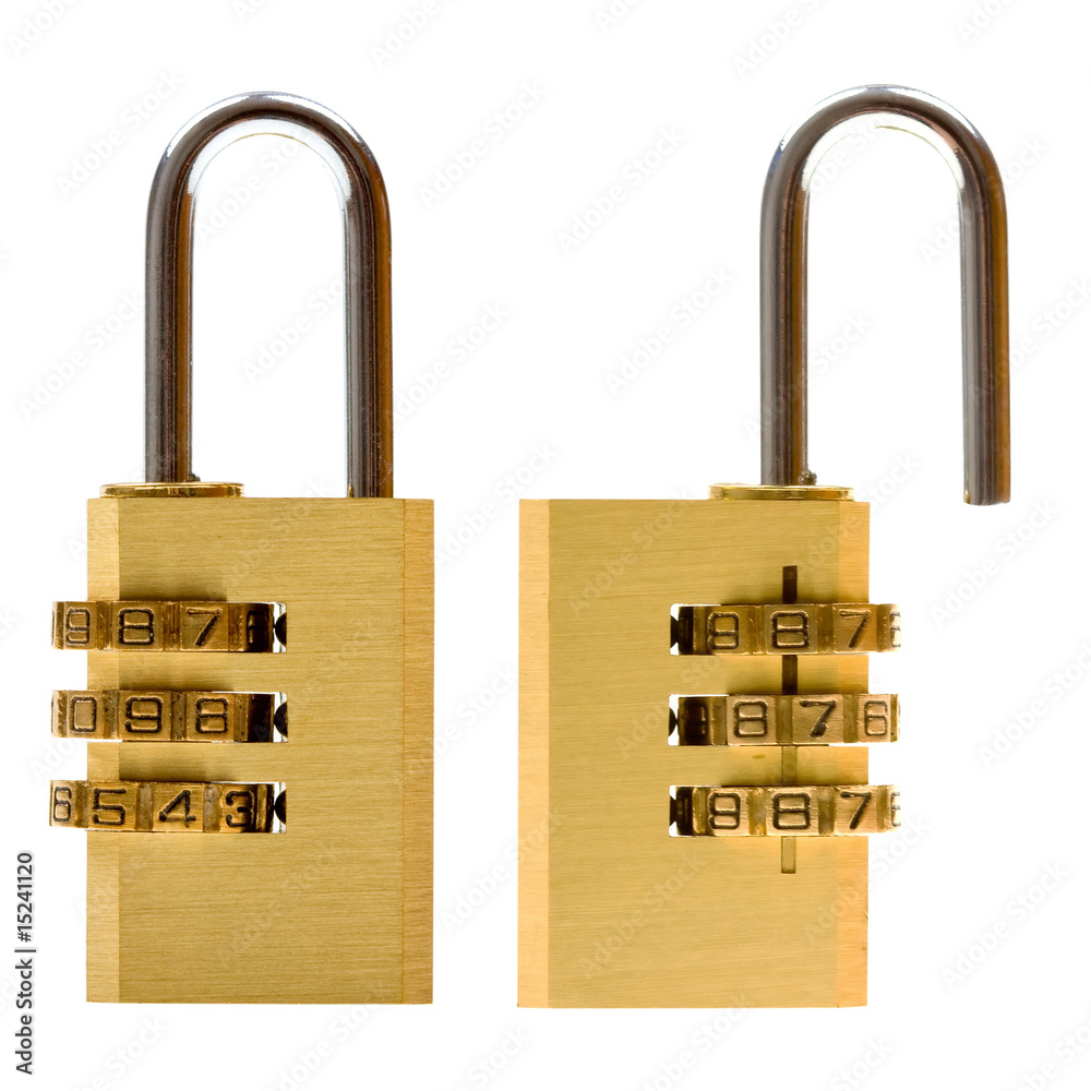 Close-up combination padlock (closed & open) isolated on white Close-up combination padlock (closed & open) isolated on white