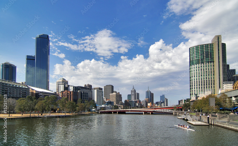 Wide shot of the Melbourne city across Yarra River.