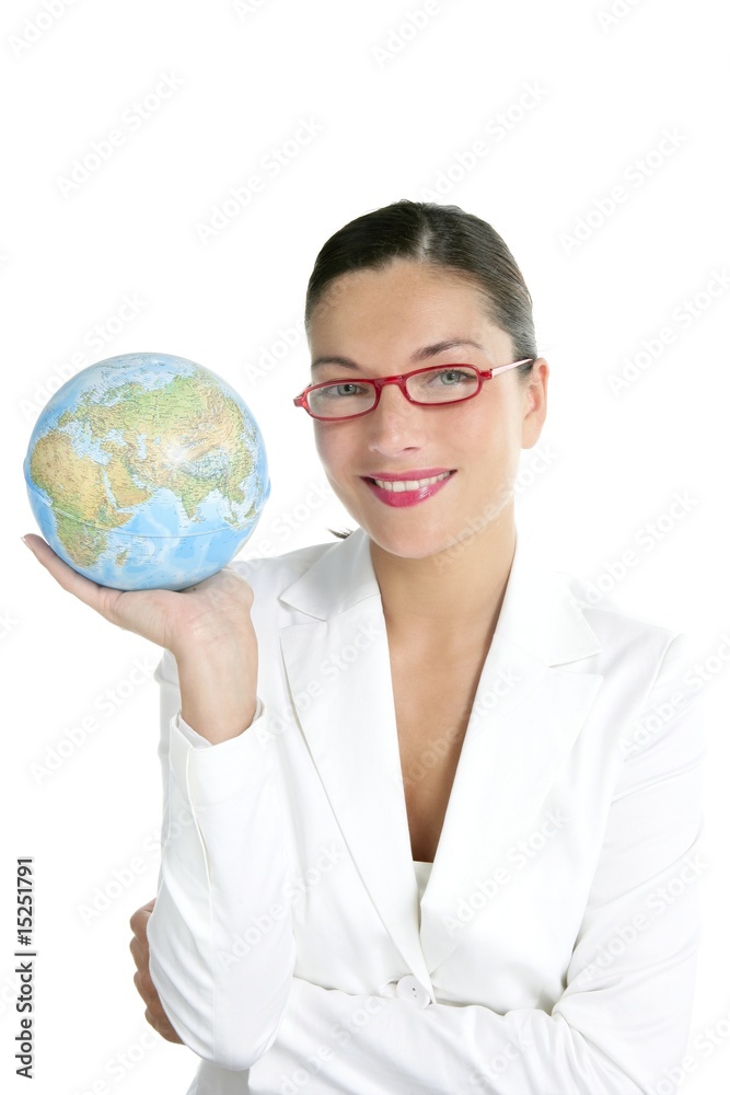 Blue global world map in businesswoman hands Blue global world map in businesswoman hands