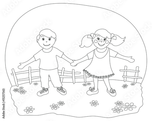 Coppia di ragazzini - Immagine in bianco e nero da colorare