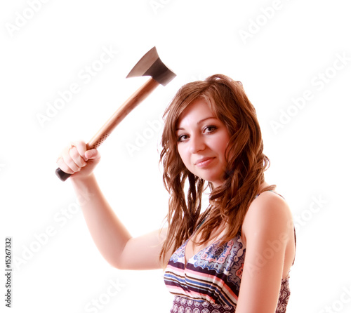 Young woman with axe isolated on white