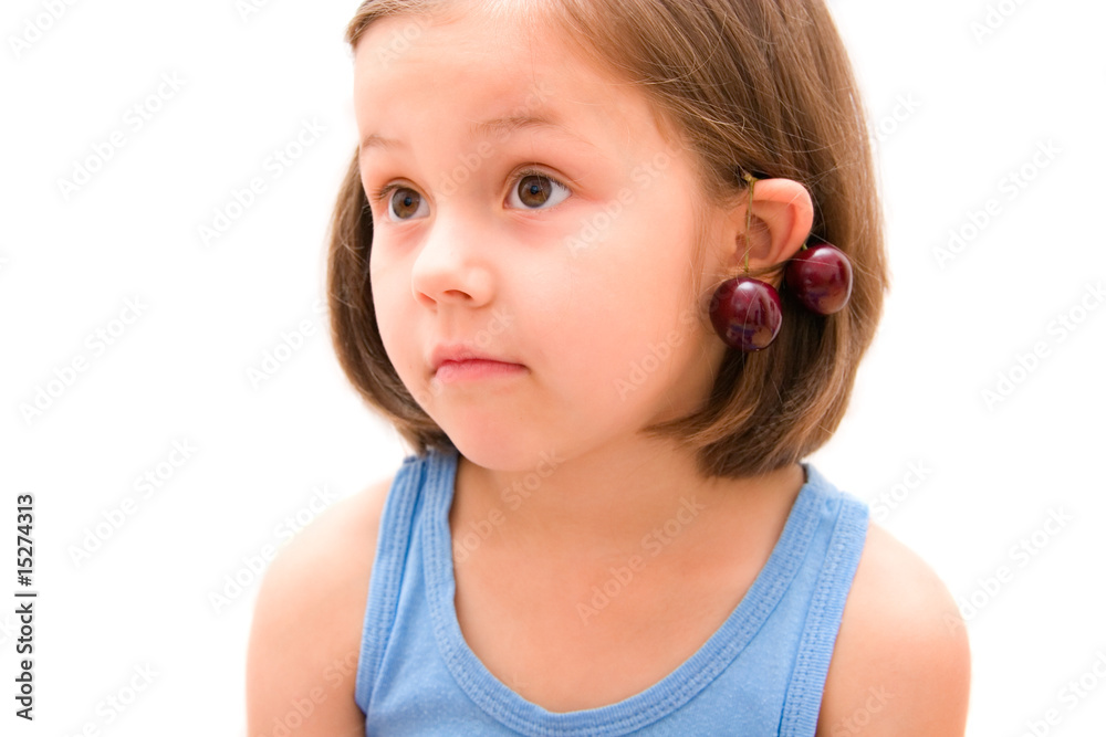 5 years old girl with cherries isolated on white 5 years old girl with cherries isolated on white