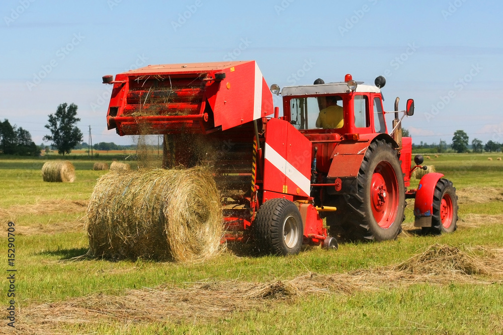 Fototapeta premium Red tractor working in the field (focus on a tractor)