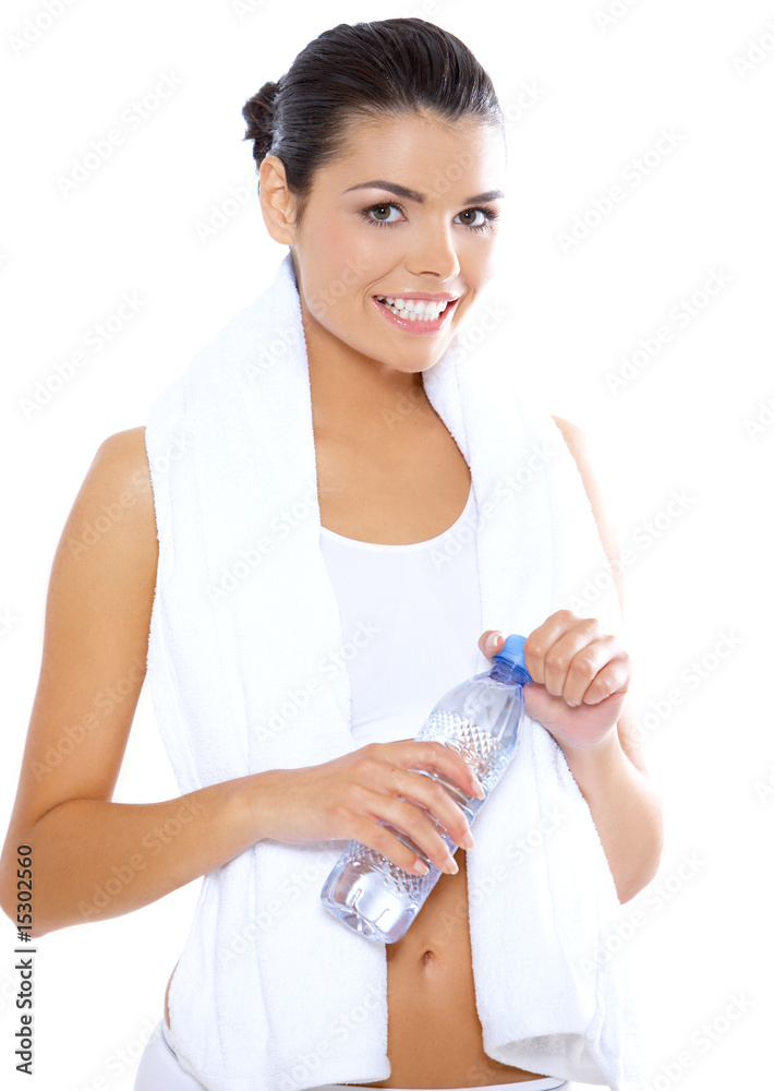 Young beautiful woman after fitness time and exercising Young beautiful woman after fitness time and exercising