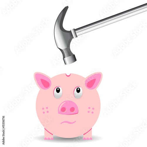 Bad financial habits. Breaking a piggy bank with hammer