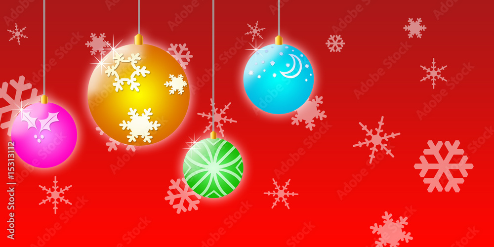 Four colorful Christmas baubles hang on a festive red background Four colorful Christmas baubles hang on a festive red background