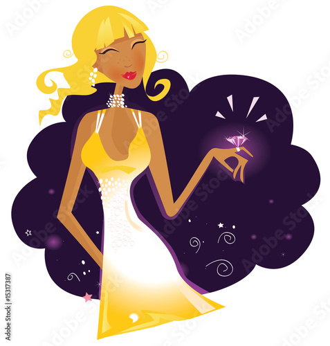 Blonde rich girl with diamond ring. Vector Illustration.
