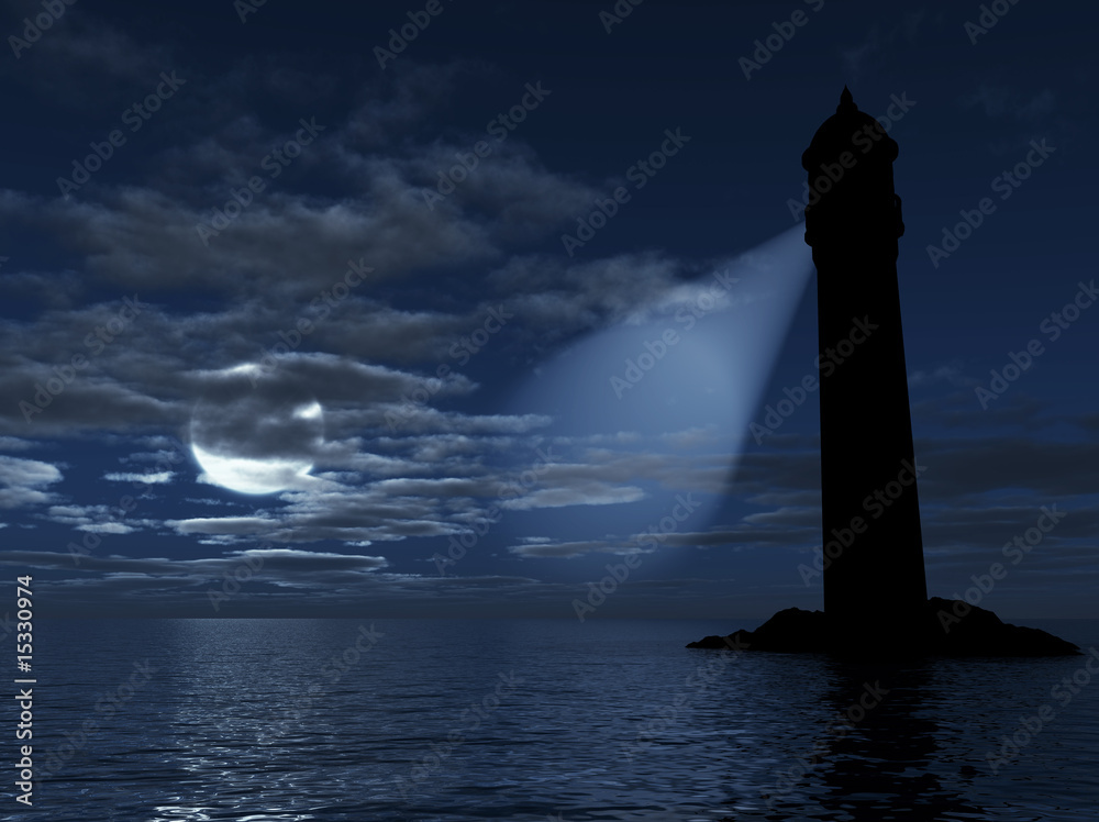 lighthouse on an island on a background a sea and moon