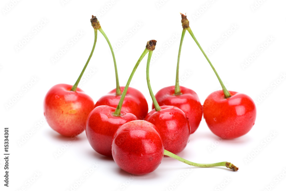 Some pink cherries with stalks Some pink cherries with stalks