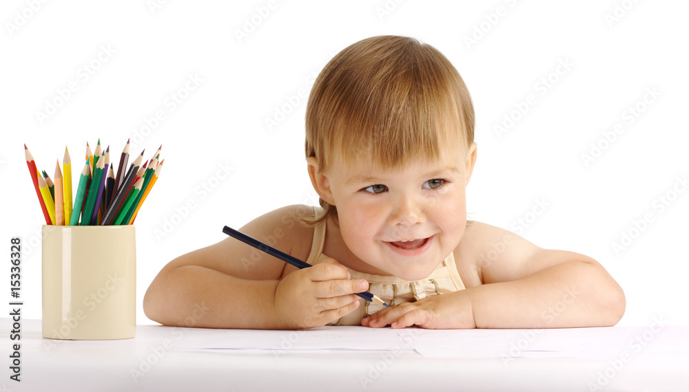 Happy child draw with blue crayon Happy child draw with blue crayon