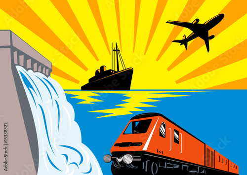 Diesel train with ship, plane and dam