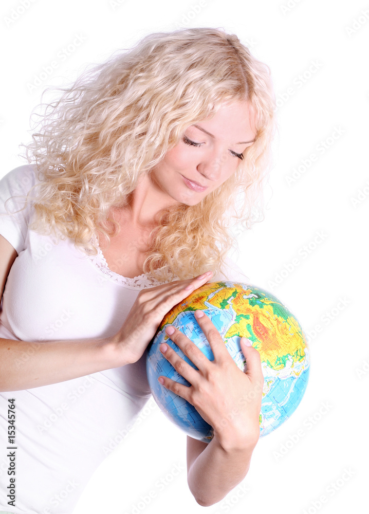 young blond woman holding a globe young blond woman holding a globe