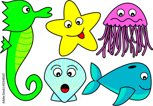 Multicolored cartoon sea creatures