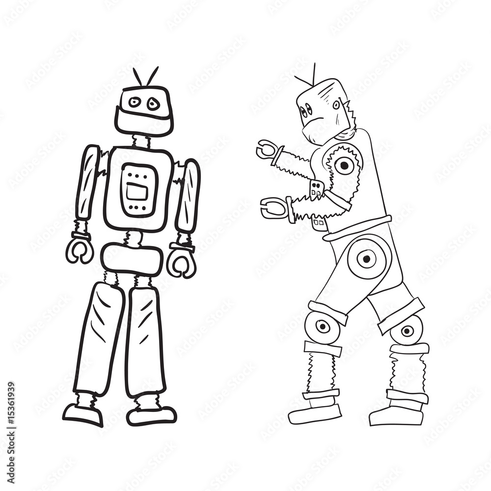 Vector drawing of two robots in different poses.