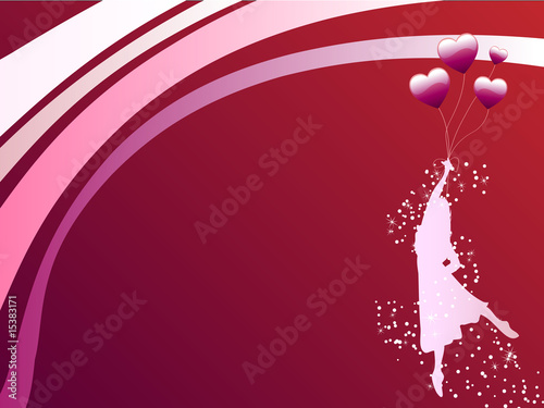 Girl flying and holding Heart shaped balloons