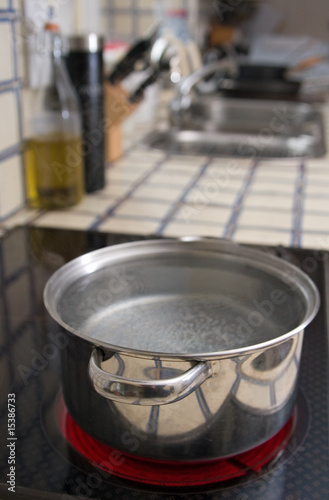 Metal pan with water on a hotplate in a domestic kitchen