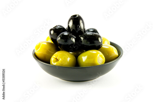 Green and Black Olives in a Bowl