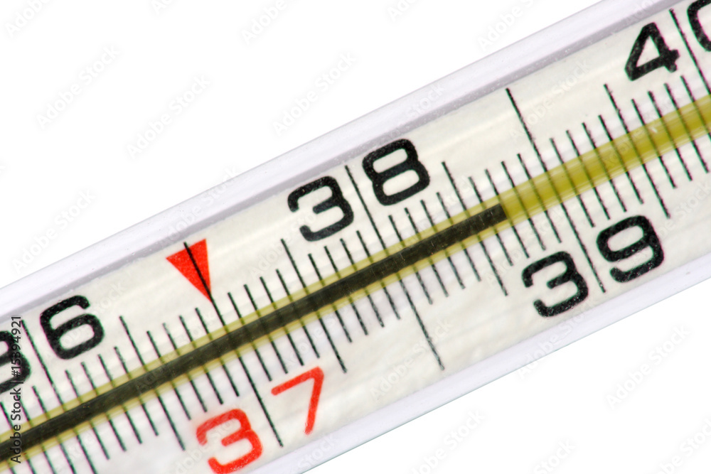 Mercurial thermometer (38.7) on a white background Mercurial thermometer (38.7) on a white background