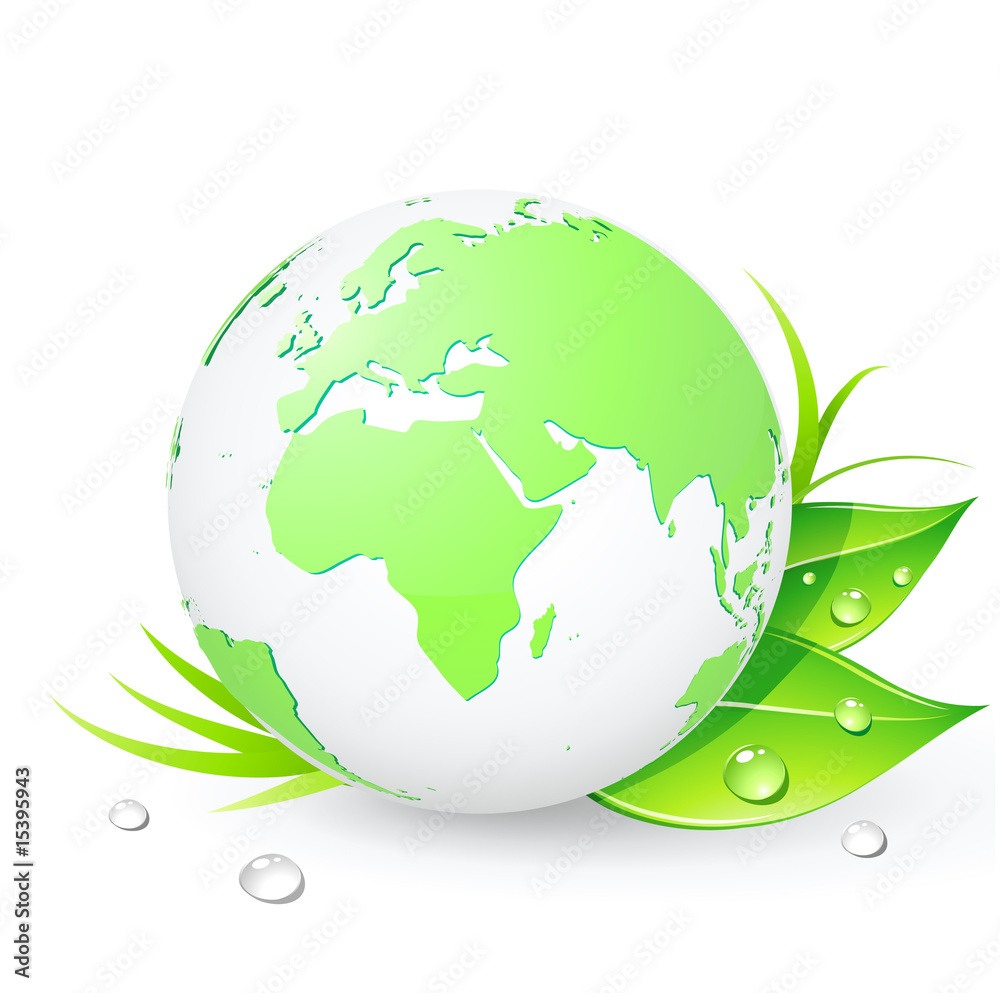 Green Earth planet with leaves and water drops Green Earth planet with leaves and water drops