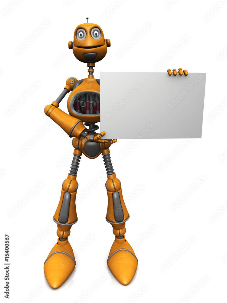 Cartoon robot holding blank sign. Stock Illustration | Adobe Stock