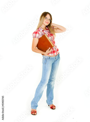 attractive student girl with big book over white
