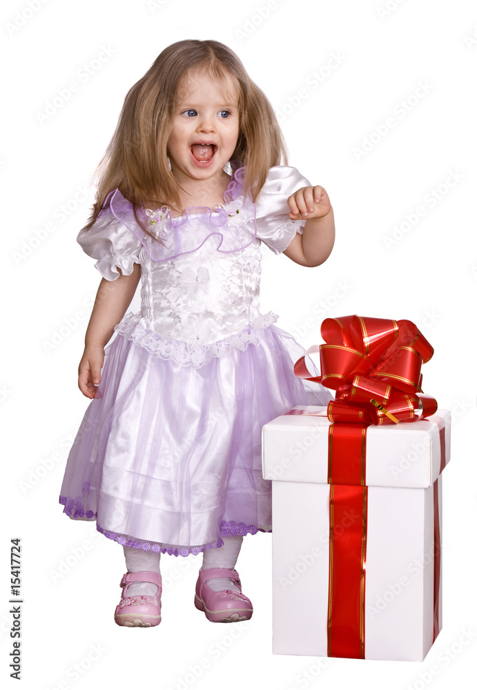Girl in costume of doll with gift box. Girl in costume of doll with gift box.