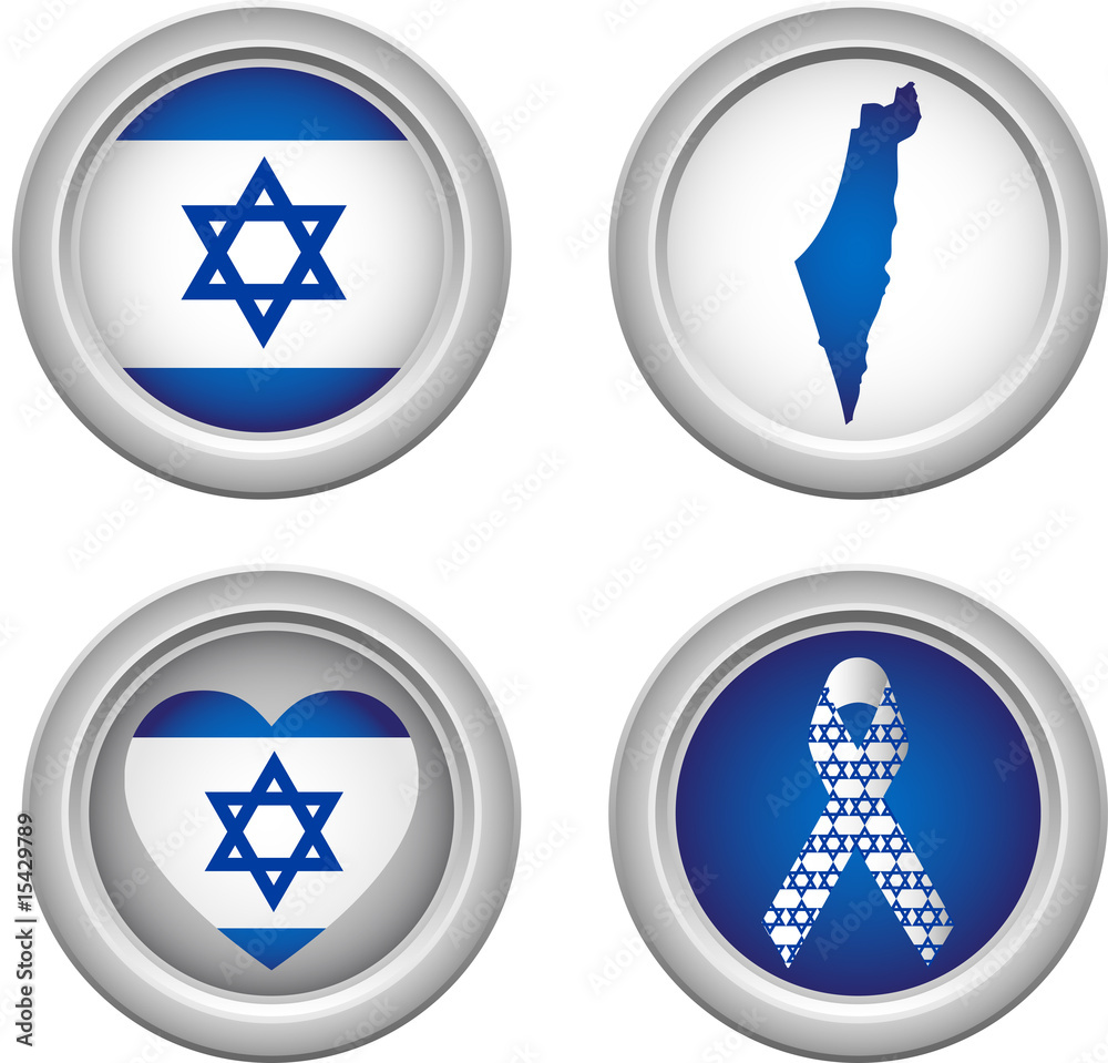 Israel Buttons with ribbon, heart, map and flag Israel Buttons with ribbon, heart, map and flag