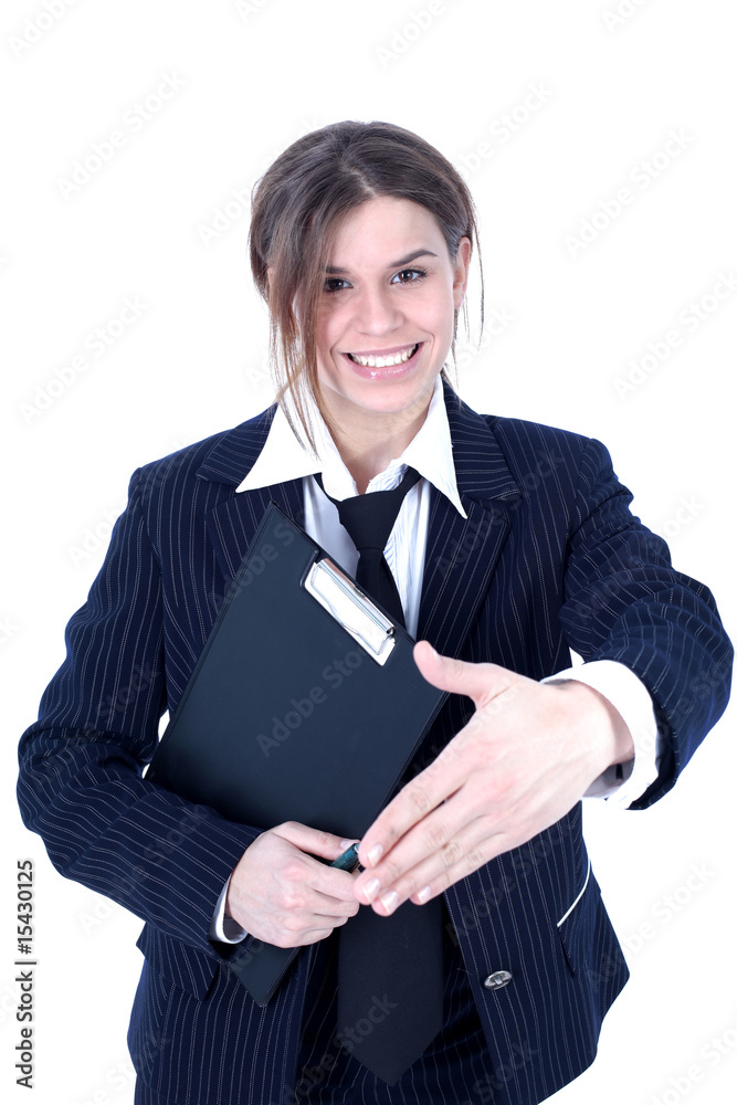 friendly businesswoman with open hand isolated on white friendly businesswoman with open hand isolated on white