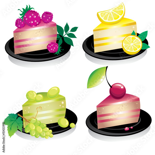 Set of delicious cheese cakes with fruits and berries