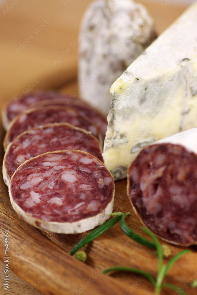 Close up of French Salami and Blue Cheese with herbs
