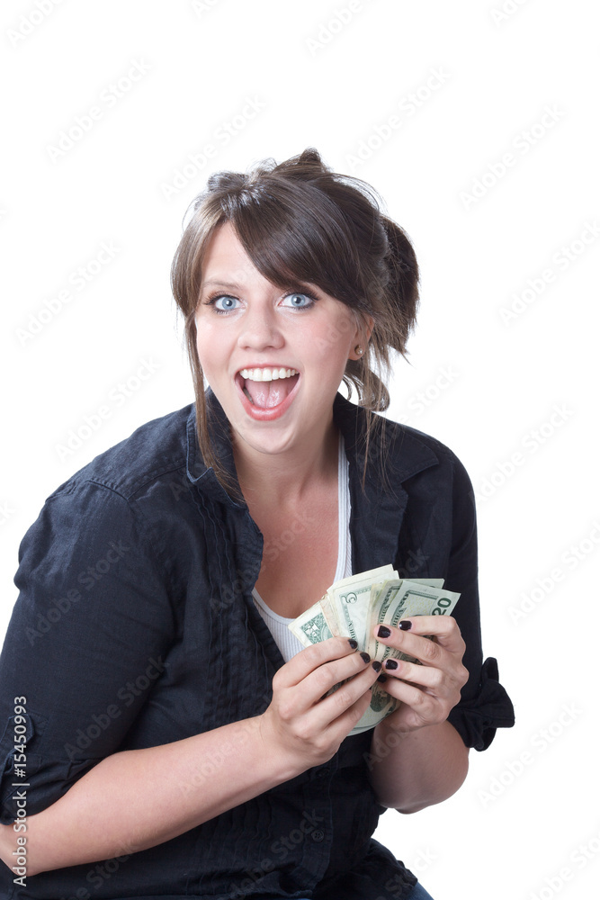 Happy woman with money; isolated on white background Happy woman with money; isolated on white background