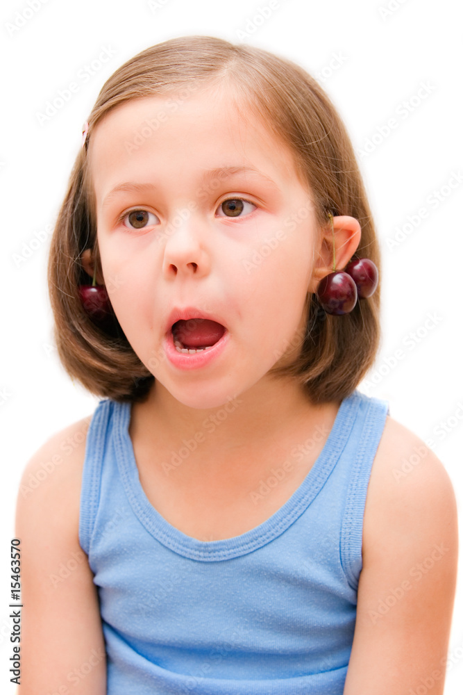 5 years old girl with cherries isolated on white 5 years old girl with cherries isolated on white
